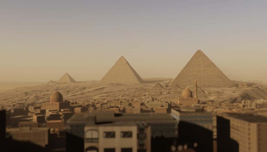 Paris: VR Experience "L'Horizon de Khéops" - The path: sunrise, mastabas silhouettes, Sphinx, then the pyramid foot